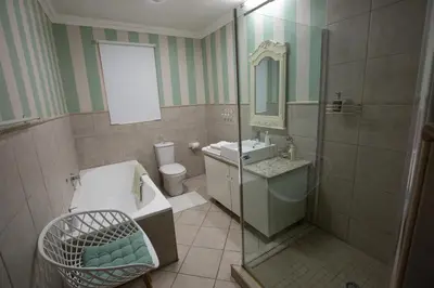 a bathroom with a shower and a sink and a toilet at MacGregors Guest House in Pretoria