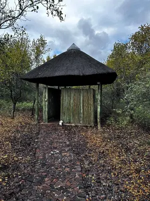 a small hut with a black roof in a field at Rockfig Tented Camp in Assen