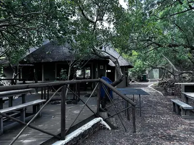 a building with picnic tables and a tree at Rockfig Tented Camp in Assen