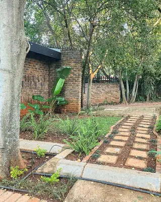 a garden with a brick wall and a tree at Waterlily Cove Guesthouse in Pretoria