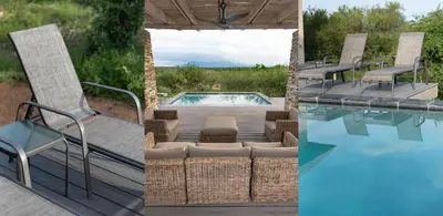 a pool and chairs next to a swimming pool at Villa Zazu in Hoedspruit