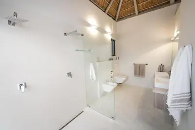 a bathroom with a shower and a sink and a toilet at Villa Zazu in Hoedspruit