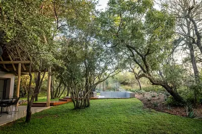 a garden with trees and grass and a building at Serondella Safari Lodge in Thornybush Game Reserve
