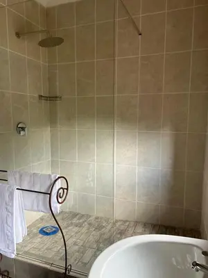 a bathroom with a shower and a bath tub at Pebble Fountain Guesthouse in Pretoria