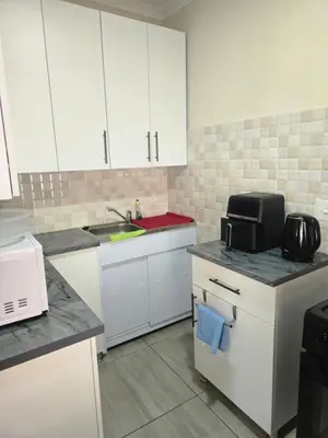 a kitchen with white cabinets and a sink and a microwave at Peshline Guest House Unit 1 in Ermelo
