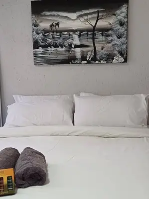 a white bed with two pillows and a picture on the wall at Buhle Guesthouse in Sandton