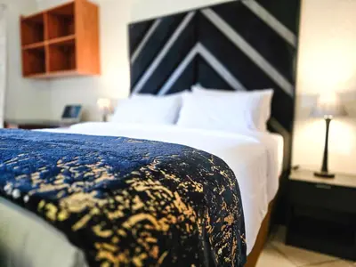 a bedroom with a bed with a blue and yellow blanket at MPASSI Properties - Hatfiled, Pretoria in Pretoria