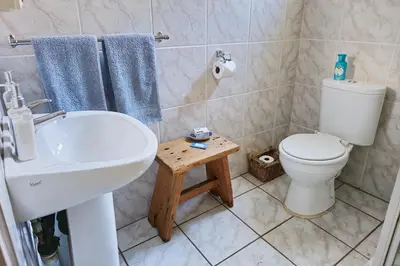 a bathroom with a white sink and a toilet at Dutch on Tecoma, Wonderboom, Pretoria in Pretoria