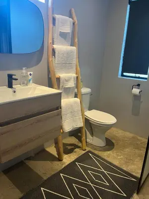 a bathroom with a sink and a toilet with towels at Frere Guesthouse in Ermelo