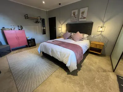 a bedroom with a large bed and a pink door at Frere Guesthouse in Ermelo