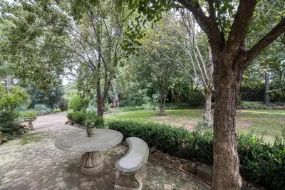 a stone table and two benches under a tree at Tuareg Guest House in Midrand