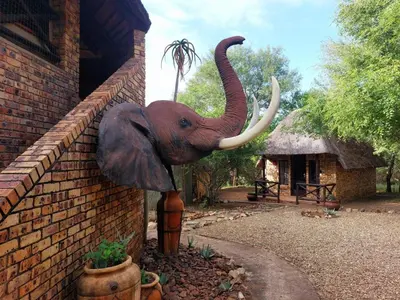 a statue of an elephant with its trunk on a wall at Elephant Memories Glamping Safari Tents and more in Marloth Park