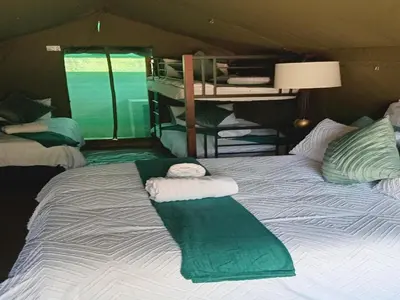 a bed in a tent with towels on it at Elephant Memories Glamping Safari Tents and more in Marloth Park