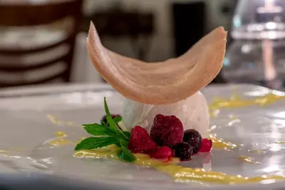 a dessert with ice cream and berries on a plate at Phelwana Game Lodge in Hoedspruit