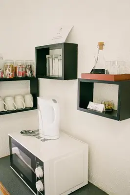a kitchen with a white appliance on a counter at Pennylane Guest House in Ermelo