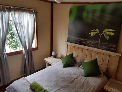a bedroom with a large bed with green pillows at Havana Nights in Graskop