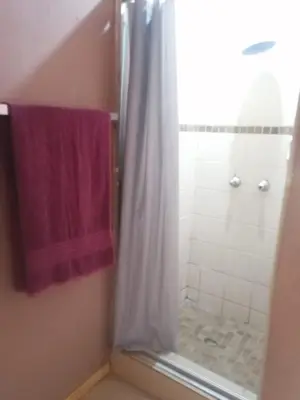 a bathroom with a shower with a purple towel at Walalawasala in Polokwane