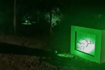 a green sign with a tree on it at night at Ikigai@4617 Cottage in Marloth Park