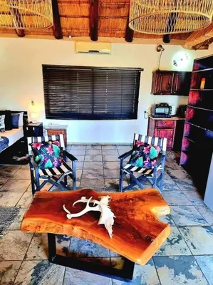 a living room with a table with a skull on it at Luxury GuesthouseCo RiverDance in Marloth Park