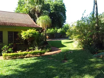 a garden in front of a yellow house at Buffalo Street Cottages in Malelane