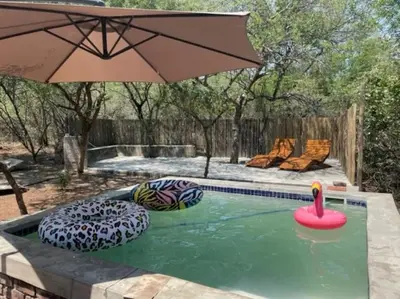 a swimming pool with two ottoman chairs and an umbrella at African Vibes in Marloth Park