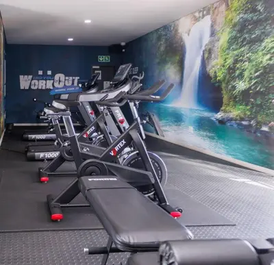 a row of exercise bikes in a gym with a waterfall mural at Luminant Escapes - with power backup in Midrand
