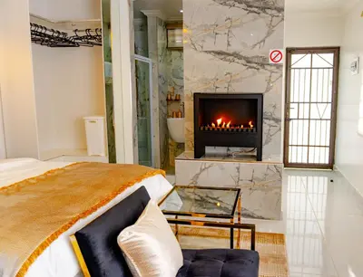 a living room with a fireplace and a bed at Homes of Ace Studio 1 in Pretoria