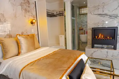 a bedroom with a bed with a fireplace and a tv at Homes of Ace Studio 1 in Pretoria