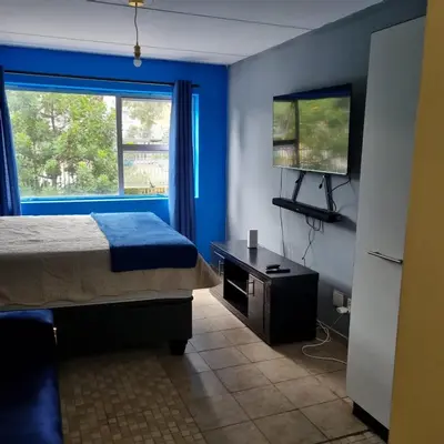 a bedroom with blue walls and a bed and a television at Greggs Place at Capital Hill Arcadia in Pretoria