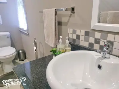 a bathroom with a white sink and a toilet at Misty View House in Dullstroom