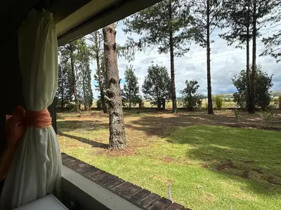 a window with a view of a field and trees at Giverny in Dullstroom
