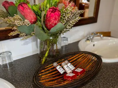 a bathroom counter with a vase with flowers and two bottles of lipstick at Zebra Nature Reserve in Cullinan