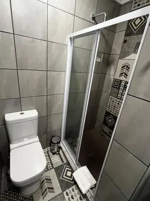 a bathroom with a shower and a toilet at Hornbill Helipad 2 in Centurion