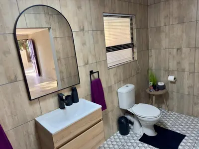 a bathroom with a sink and a mirror and a toilet at Sugar Plum Rest in Polokwane
