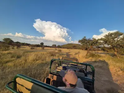 a group of people riding in the back of a safari at ILANGA Lodge & Game Reserve in Kwarriekraal