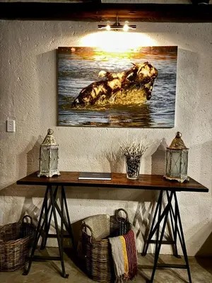 a table with a painting of a dog in the water at Sabella Bushveld Lodge in Marble Hall