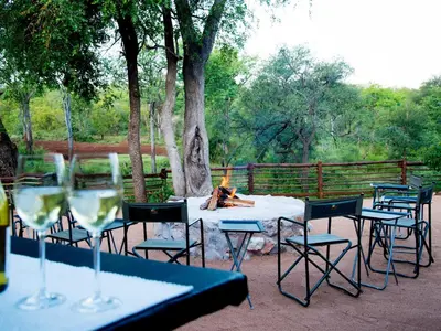 a table and chairs with a dog laying on it at Khanya Safari Lodge in Phalaborwa