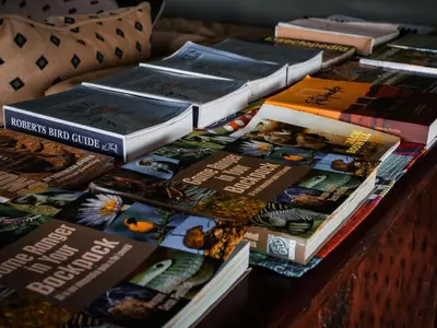 a pile of books sitting on top of a table at Khanya Safari Lodge in Phalaborwa