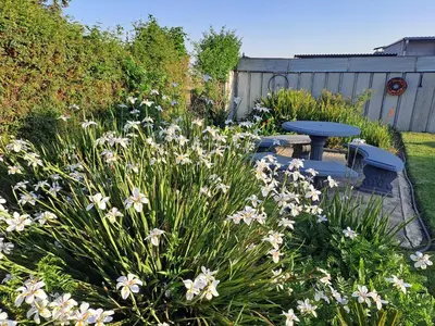 a garden with a picnic table and flowers at Rustic Farm Stay in Lydenburg