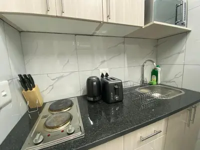 a kitchen counter with a stove and a sink at The Garden Haven in Midrand