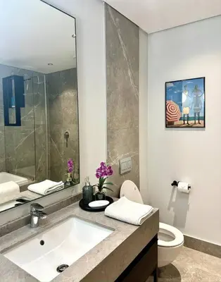 a bathroom with a sink and a toilet and a mirror at Explore Ellipse - Nguni Room in Midrand