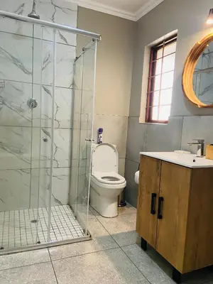 a bathroom with a toilet and a shower and a sink at Celtis Manor Guesthouse in Midrand