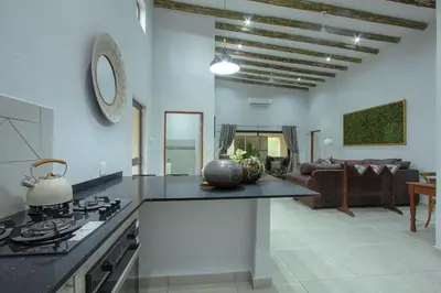 a kitchen with a counter top and a living room at Cheetah Plateau in Marloth Park