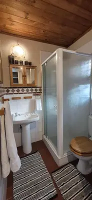 a bathroom with a shower and a toilet and a sink at Coming Home in Centurion