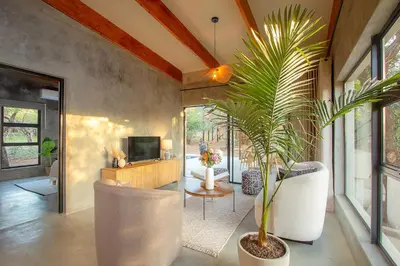 a living room with a tv and a potted plant at The Suite Luxury Safari Villa, Close to KNP, Starbed, Giraffe-Feeding-Tower, Bush-Bath in Marloth Park