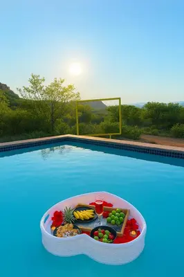 a pool with a table of fruits and vegetables on it at Makgobelo Lodge-The Glass House- Solar powered in Ga-Mokalapa