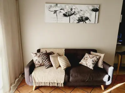 a brown couch sitting in a living room with pillows at Sable woods in Pretoria