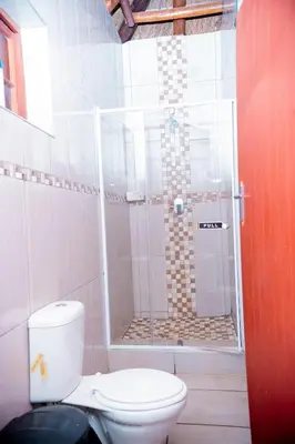 a bathroom with a shower with a toilet in it at Falcon Lodge Bela Bela in Merinovlakte