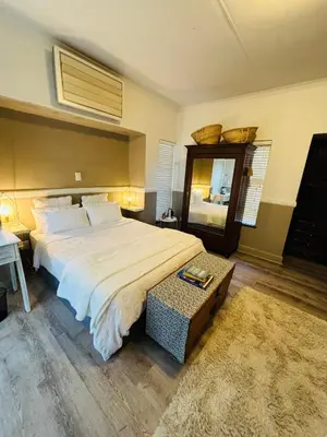 a bedroom with a large bed and a mirror at Spacious Room in Pretoria East in Pretoria