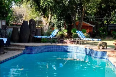 a swimming pool with two chairs and a bear in the water at The Giraffe Room at Frederick's Place in Pretoria